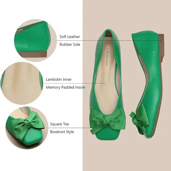 C.Paravano Kelley Green Bowknot Soft Leather Square Toe Flats Size 7 New - Picture 12 of 15
